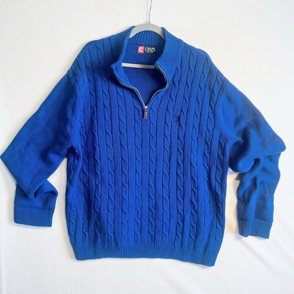 Chaps  1/4 Zip Pullover‎ Sweater Mens XL  Blue 100% Cotton